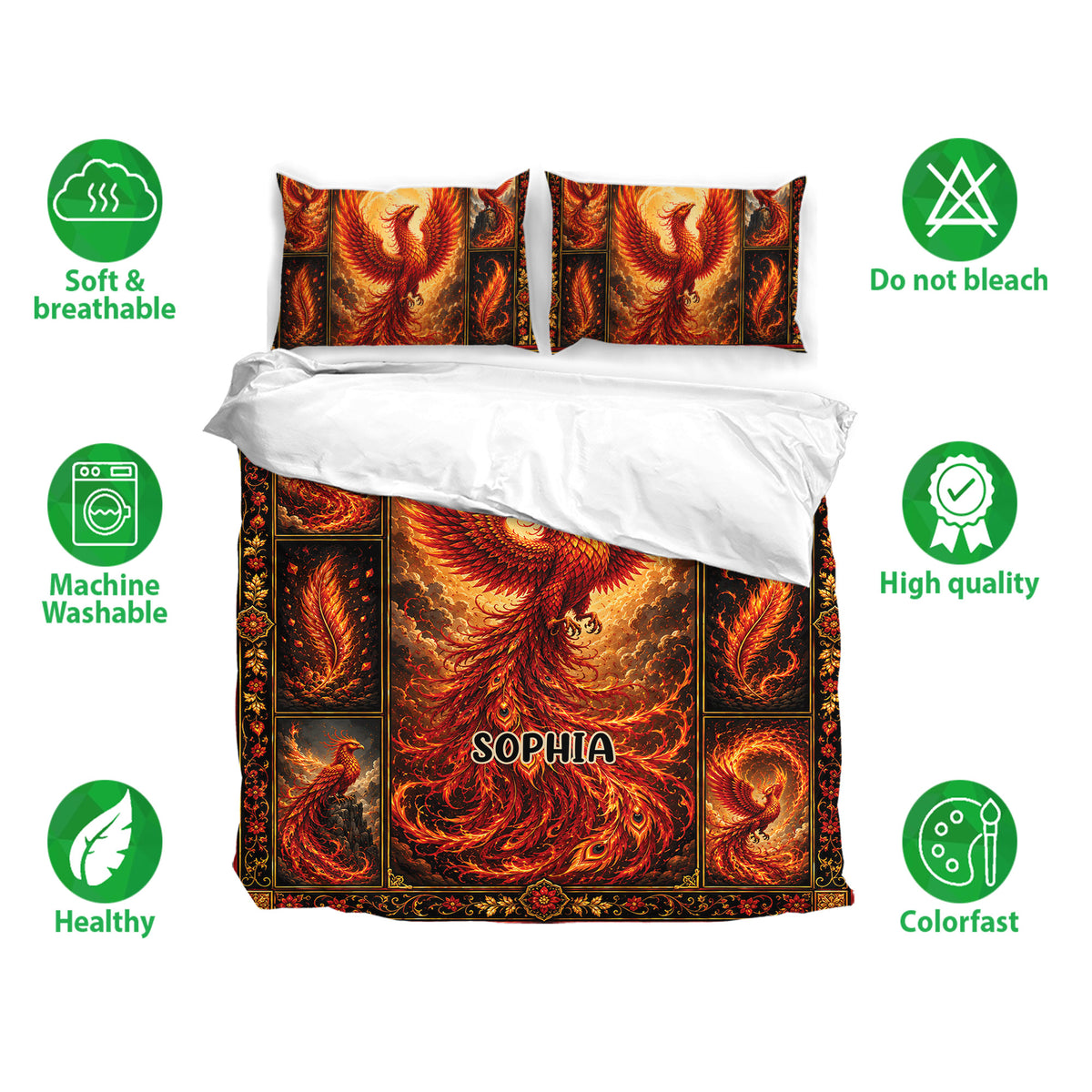 Phoenix bedding set displayed with matching pillowcases and care feature icons on a white background
