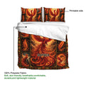 Detailed phoenix duvet cover and matching pillowcases shown in a product feature presentation