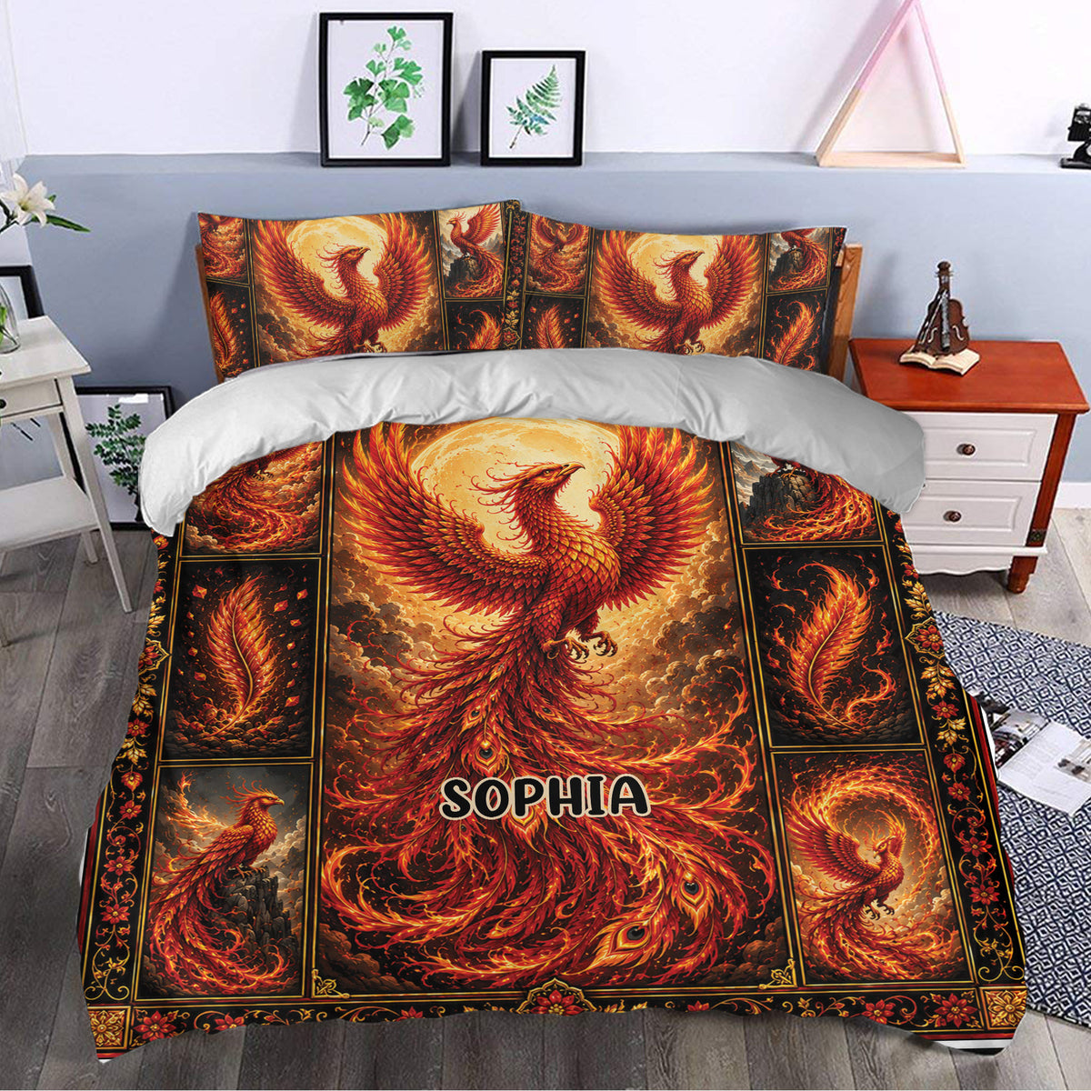 Fiery phoenix duvet cover styled on a bedroom with botanical wall art and warm decor accents