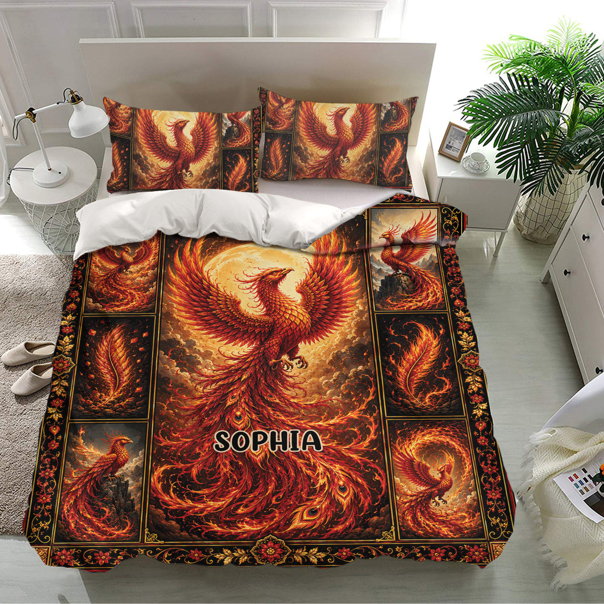 Phoenix bedding set displayed in a bright modern bedroom with bold red, orange, and black artwork