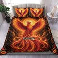 Fiery orange and red phoenix duvet cover set styled across a modern bedroom with matching pillowcases