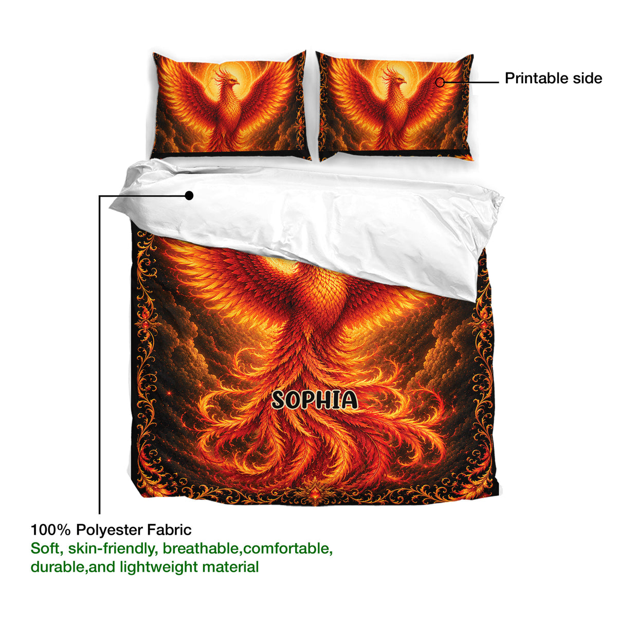 Phoenix duvet cover set showing the printable side, ornate border, and lightweight polyester fabric detail