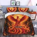 Phoenix duvet cover bedding set presented in a stylish bedroom with radiant orange artwork and matching pillows