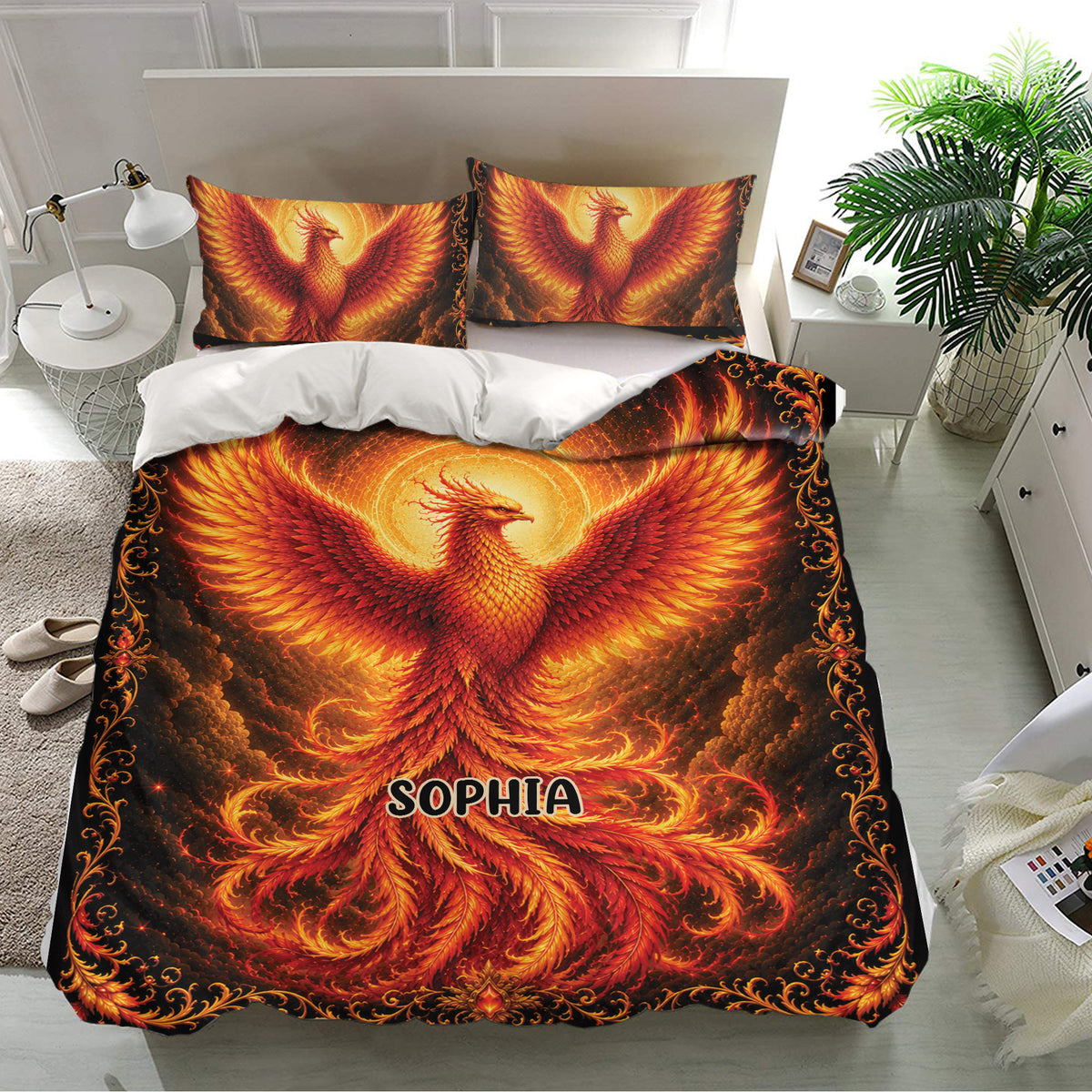 Fiery phoenix bedding set styled in a bright bedroom with ornate black borders and vivid red-gold artwork