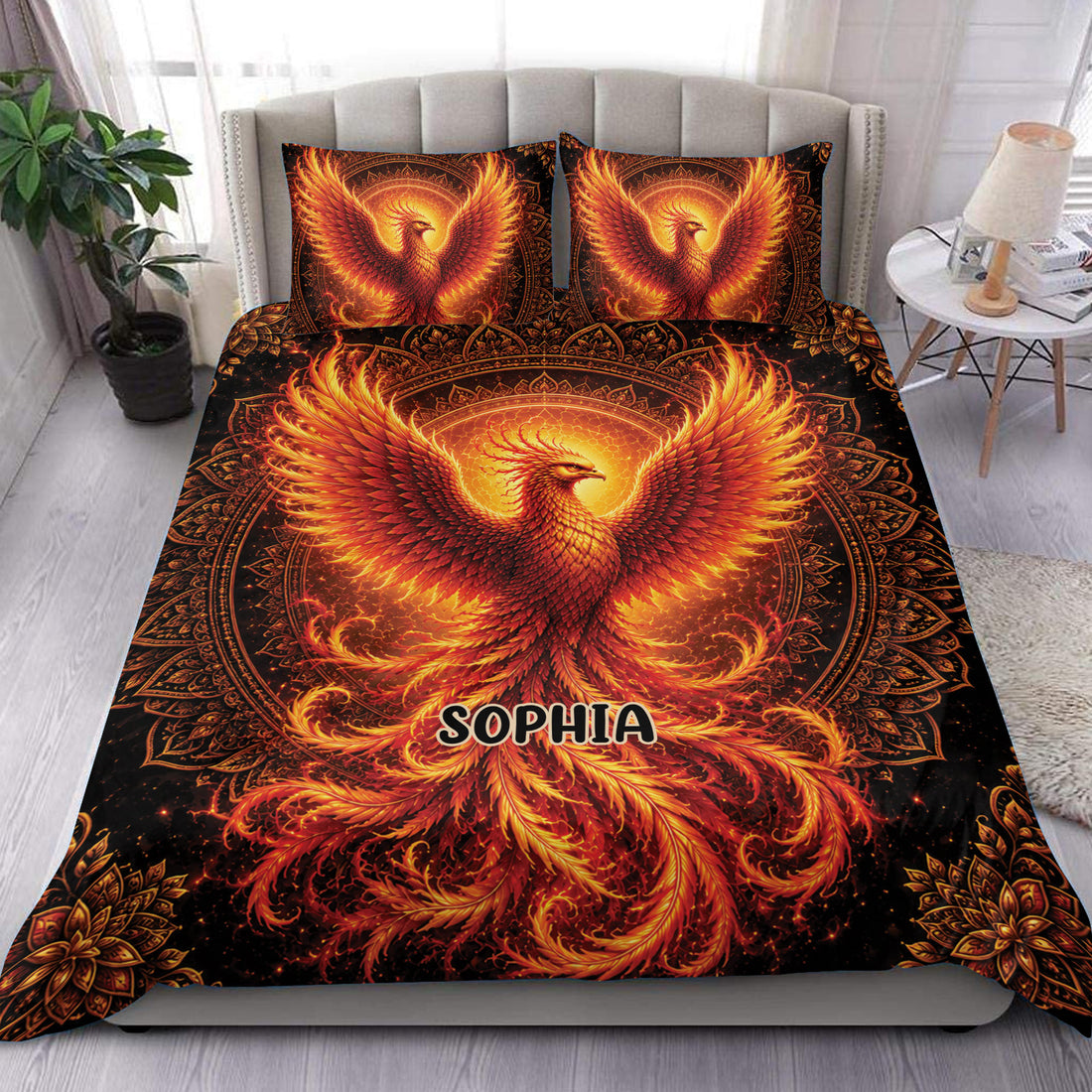 Fiery phoenix duvet cover set with glowing orange wings, black mandala details, and matching pillowcases