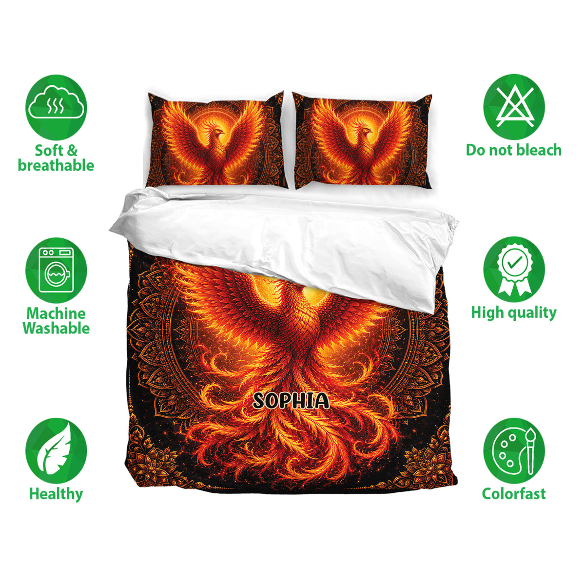 Phoenix duvet cover bedding set displayed with matching pillowcases and soft, breathable fabric feature icons
