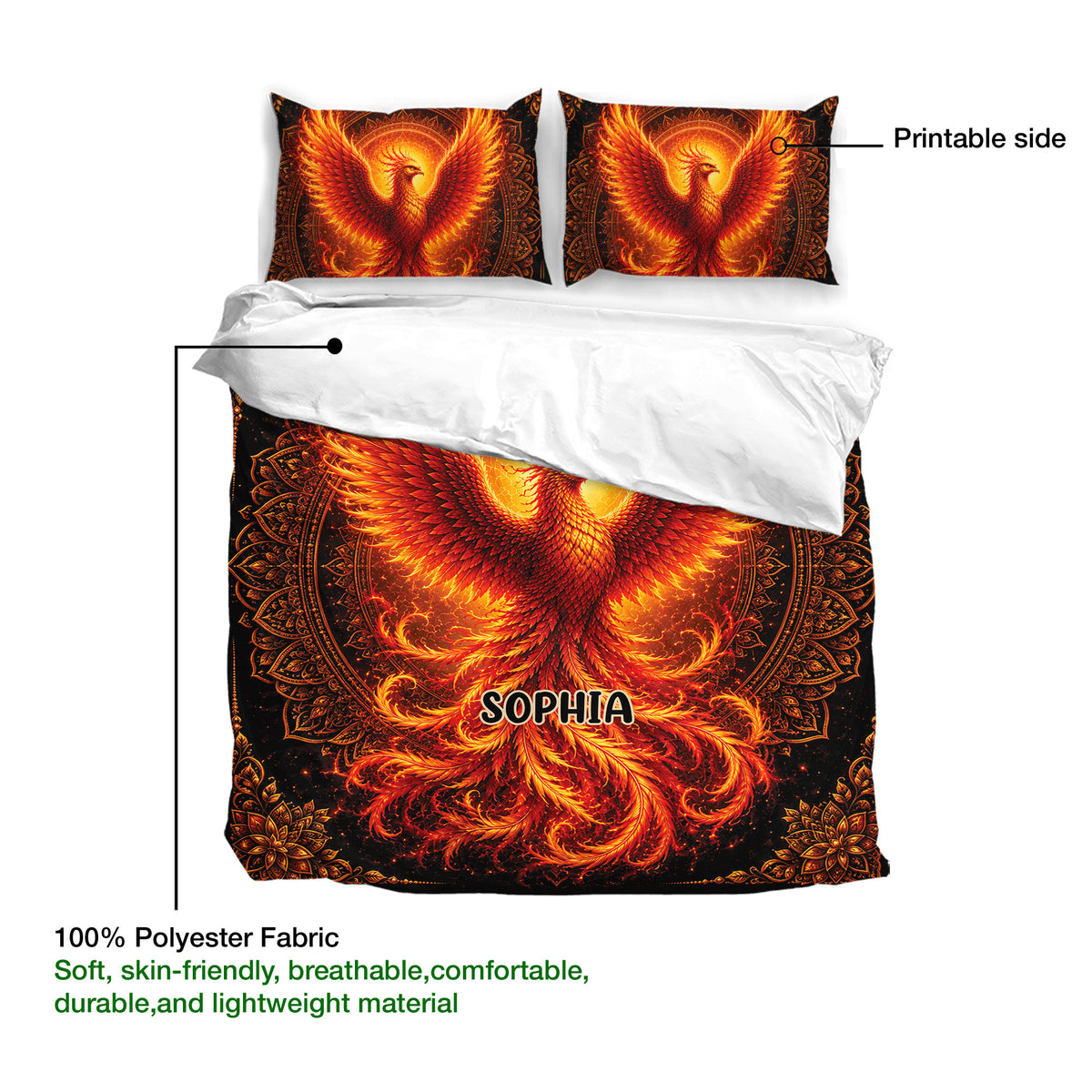 Phoenix bedding set showing the printed side, detailed wing artwork, and lightweight polyester fabric