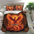 Phoenix duvet cover set presented in a modern bedroom with matching pillowcases and dramatic fiery artwork