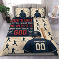 Baseball duvet cover set displayed in a bedroom with batter artwork, navy and red tones, and vintage sports styling