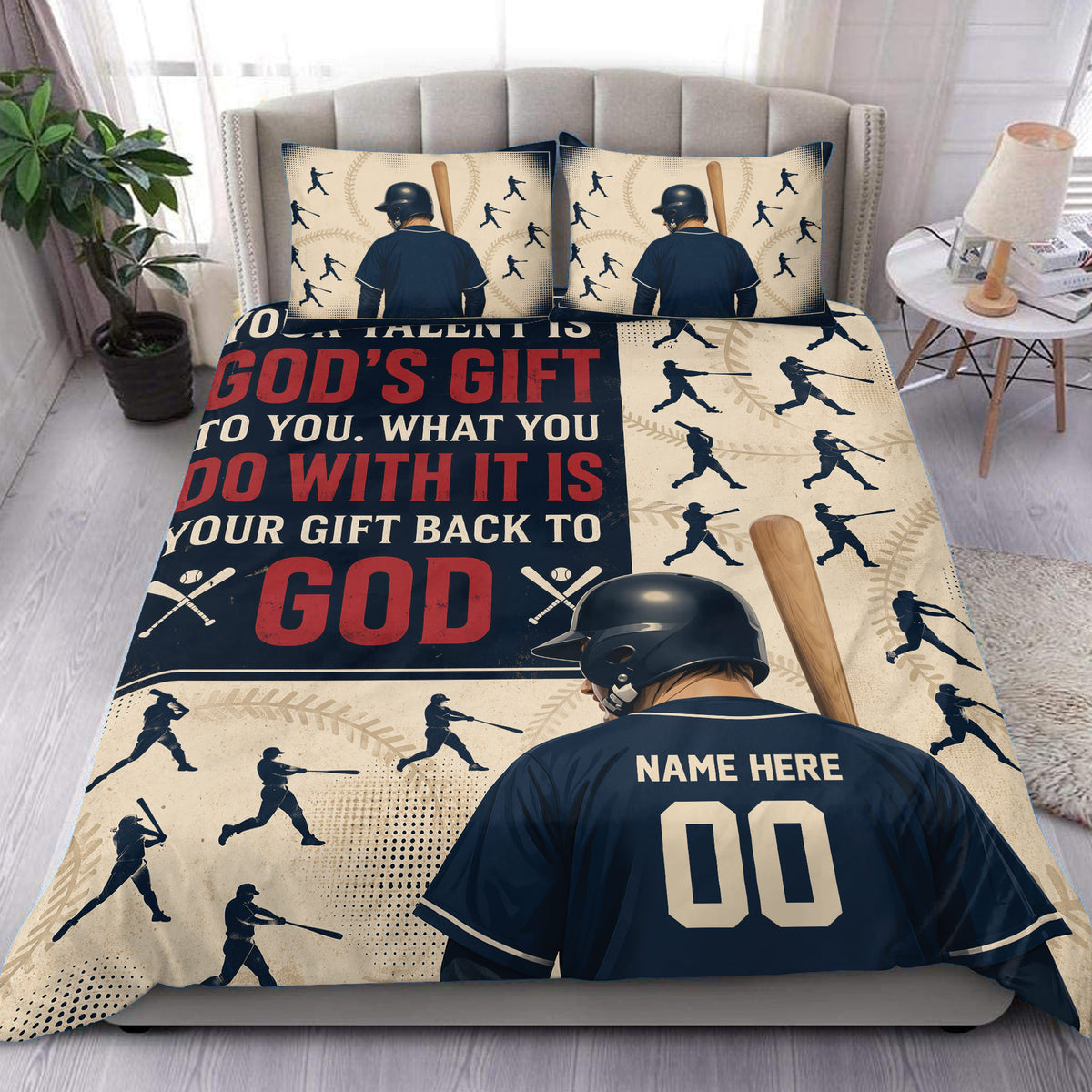 Baseball duvet cover set displayed in a bedroom with batter artwork, navy and red tones, and vintage sports styling