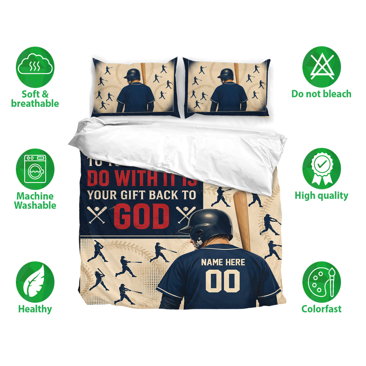 Baseball bedding set shown on a bed with matching pillowcases, batter silhouettes, and soft navy, cream, and red artwork
