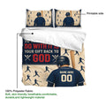 Baseball duvet cover featuring batter artwork, crossed bats, a vintage navy and cream palette, and a printable design surface