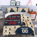 Baseball bedding set styled in a bedroom with repeating batter silhouettes, vintage sports graphics, and bold red lettering