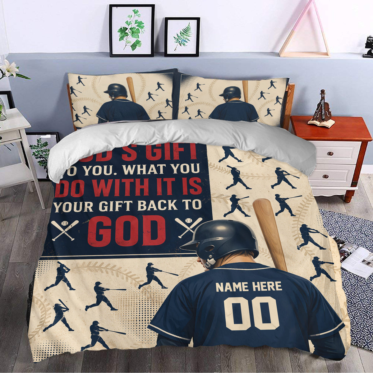 Baseball bedding set styled in a bedroom with repeating batter silhouettes, vintage sports graphics, and bold red lettering