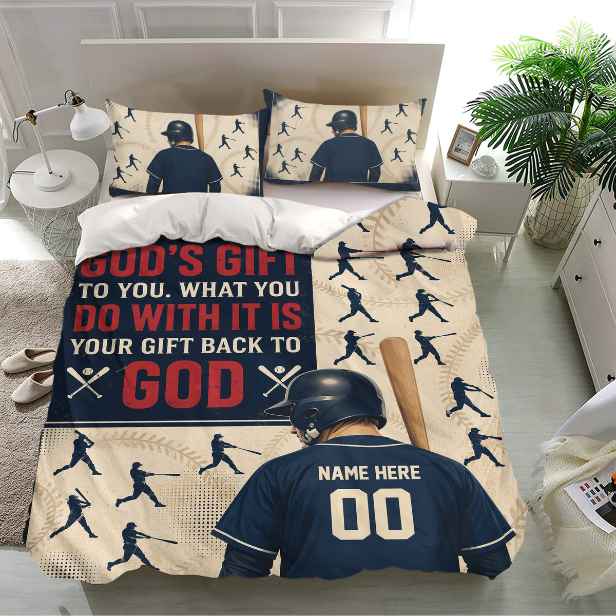 Baseball duvet cover set in a bright bedroom with matching pillowcases, batter illustrations, and navy, cream, and red decor