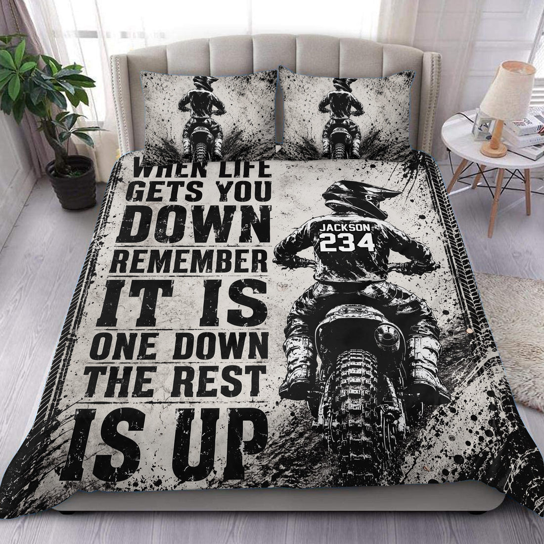 Motocross duvet cover set with black-and-white dirt bike artwork and bold racing typography