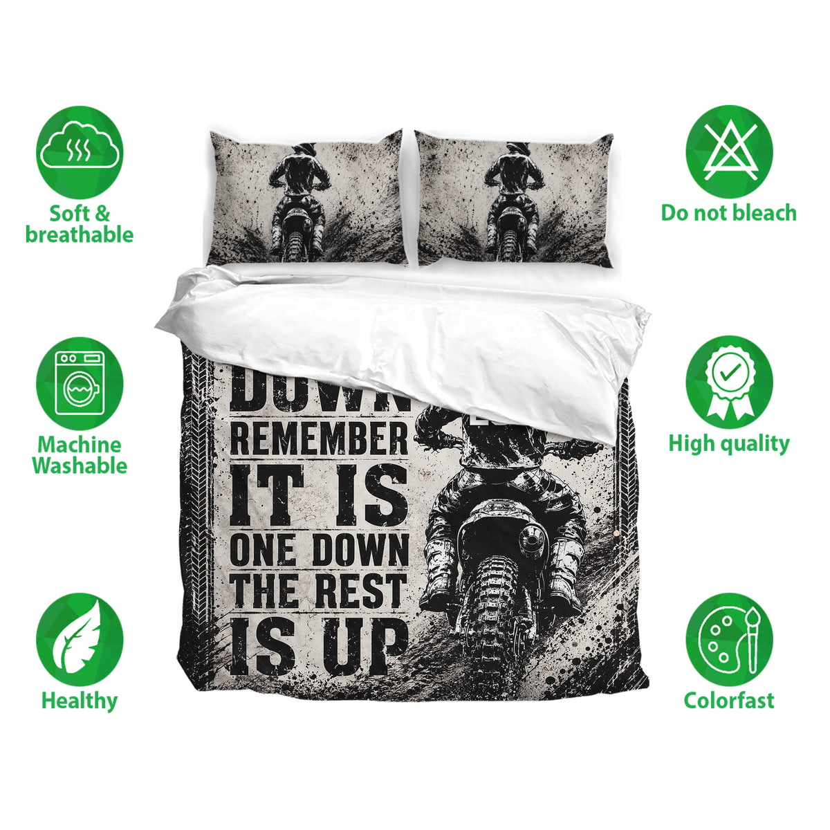 Motocross bedding set displayed with matching dirt bike pillowcases and soft breathable fabric icons