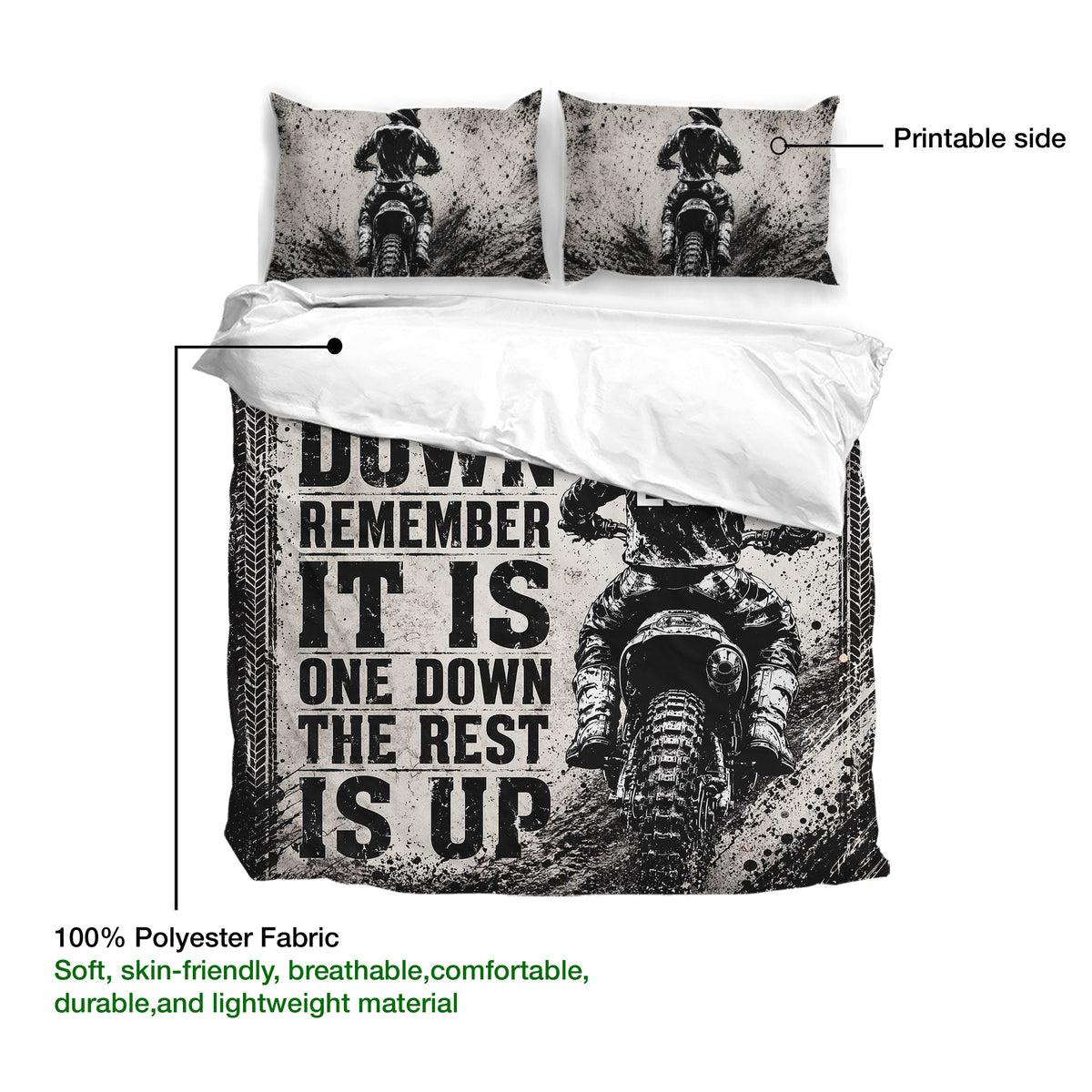 Motocross duvet cover set showing printable artwork and lightweight polyester fabric details