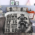 Motocross duvet cover bedding set styled in a bedroom with dirt bike artwork and racing typography