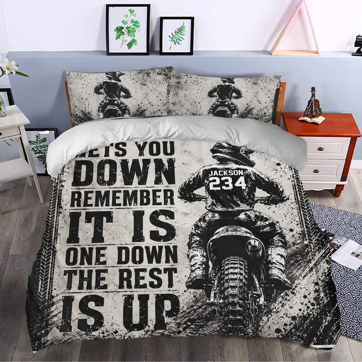 Motocross duvet cover bedding set styled in a bedroom with dirt bike artwork and racing typography