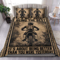 Motocross duvet cover set displayed on a bed with dirt bike rider artwork and rugged tire-track borders