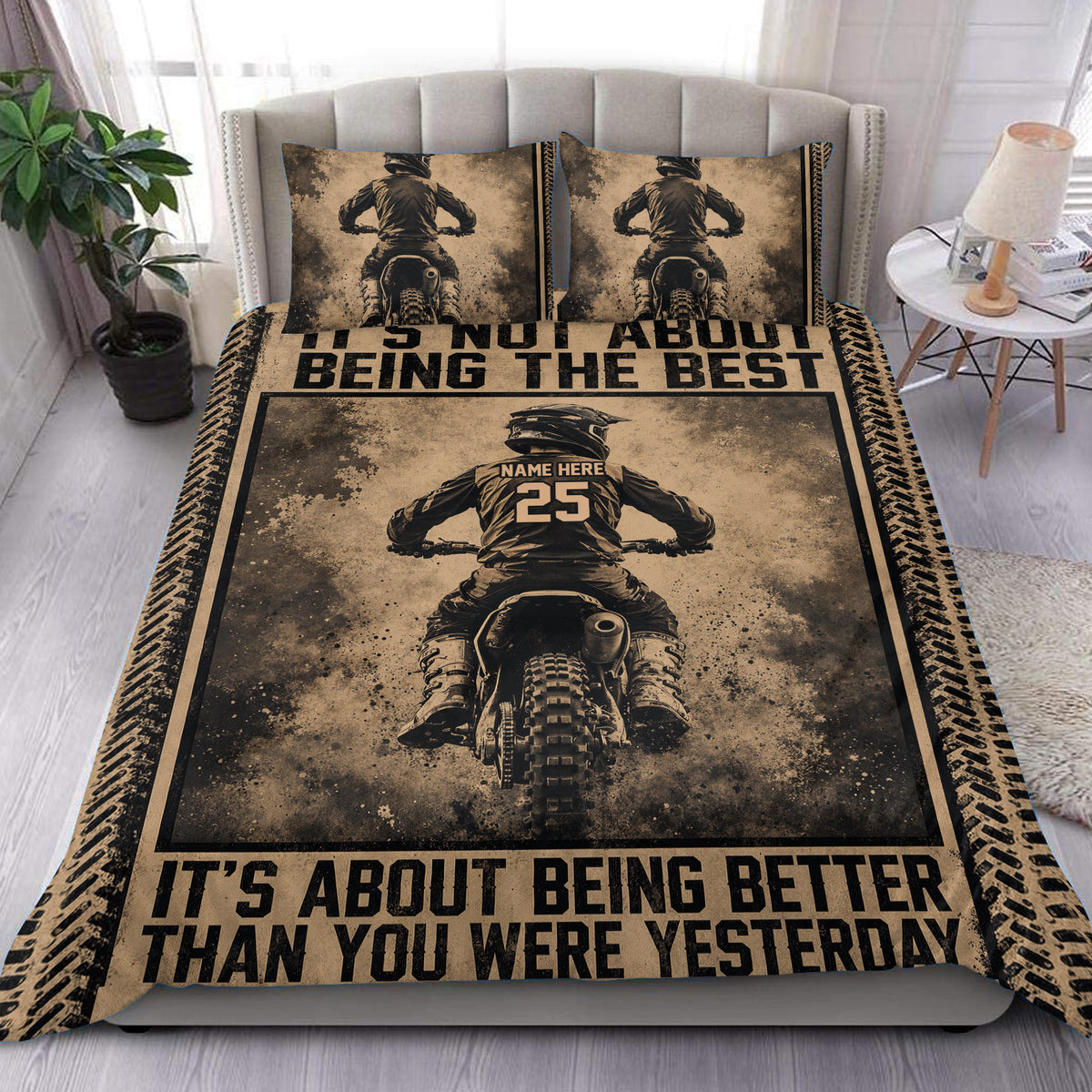 Motocross duvet cover set displayed on a bed with dirt bike rider artwork and rugged tire-track borders