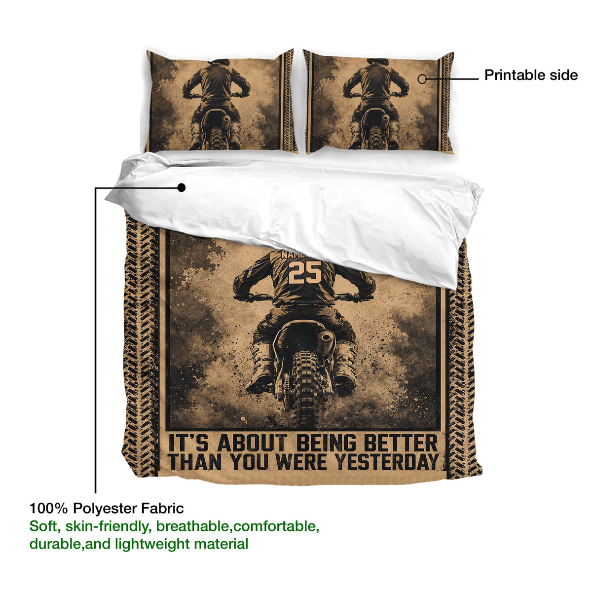 Motocross duvet cover and pillowcases shown with printable rider artwork and soft polyester fabric details