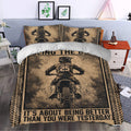 Motocross duvet cover set styled in a bedroom with vintage sepia dirt bike artwork and bold typography