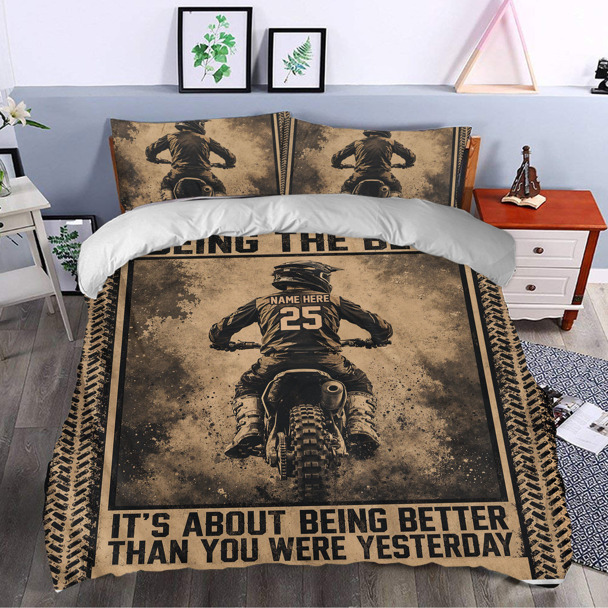 Motocross duvet cover set styled in a bedroom with vintage sepia dirt bike artwork and bold typography