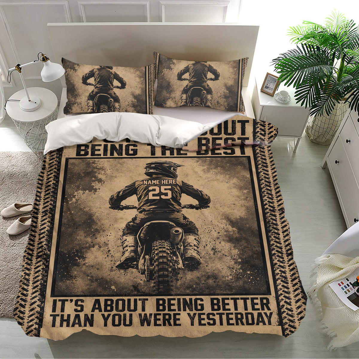 Motocross bedding set displayed in a bright bedroom with matching dirt bike rider pillowcases