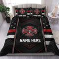 Firefighter duvet cover set displayed on a bed with red, black, silver, star, and department insignia artwork