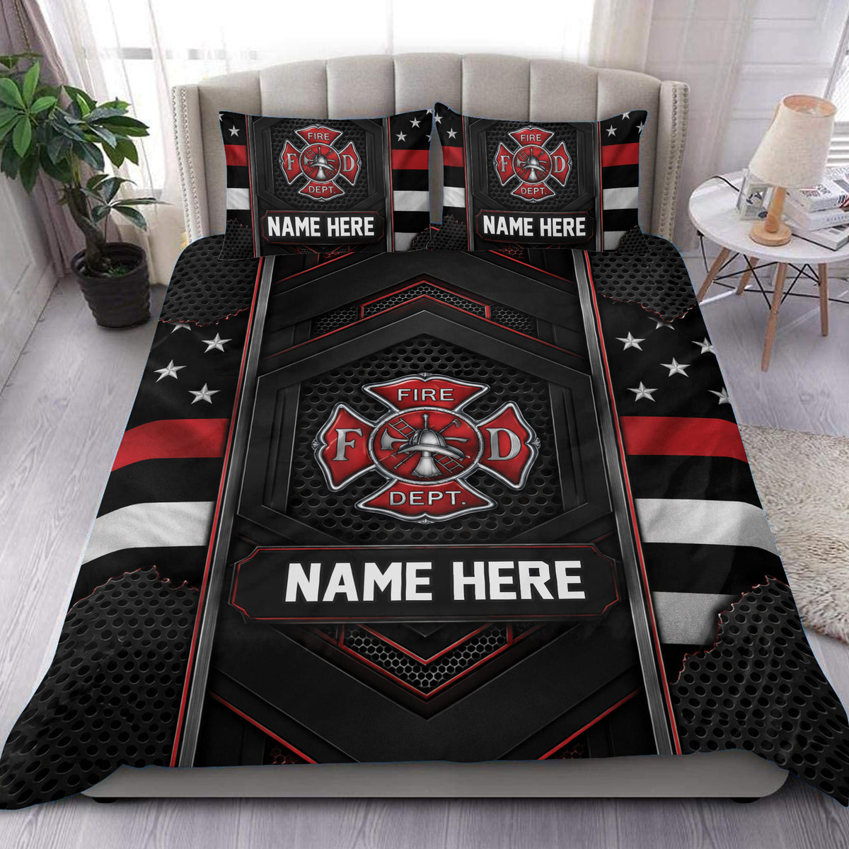 Firefighter duvet cover set displayed on a bed with red, black, silver, star, and department insignia artwork