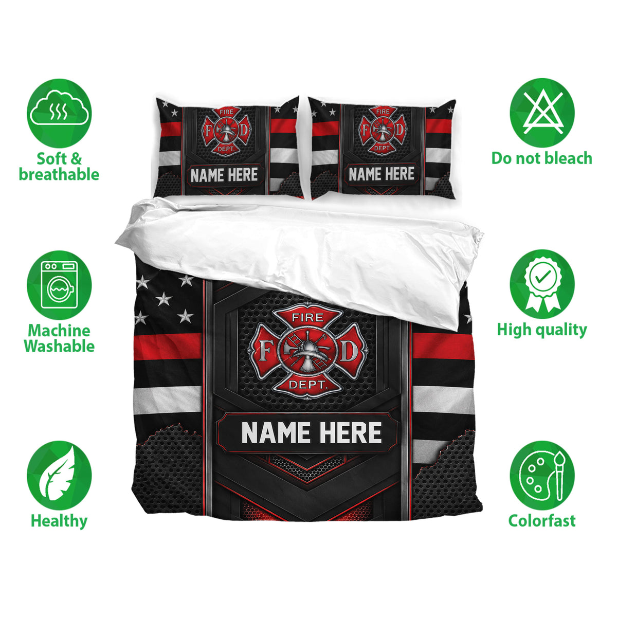 Firefighter bedding set shown with matching pillowcases and bold red and black department badge artwork