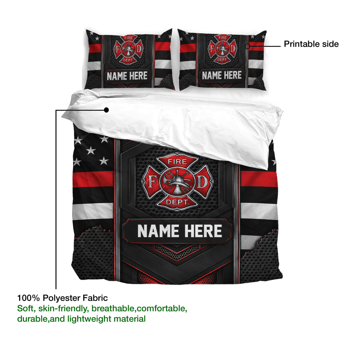 Firefighter duvet cover bedding set detail showing printable artwork and lightweight polyester fabric