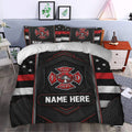 Firefighter duvet cover styled in a bedroom with bold department insignia and red, black, and silver accents