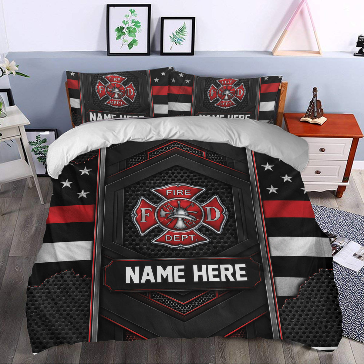 Firefighter duvet cover styled in a bedroom with bold department insignia and red, black, and silver accents