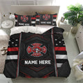 Firefighter bedroom decor featuring a dramatic red and black duvet cover with matching pillowcases