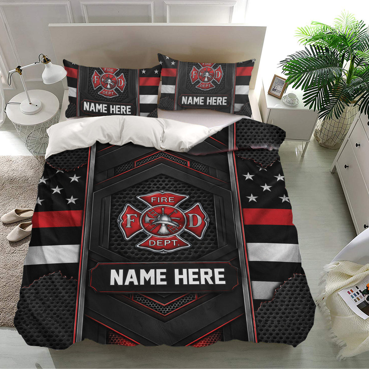 Firefighter bedroom decor featuring a dramatic red and black duvet cover with matching pillowcases