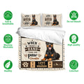 Doberman bedding set shown with matching pillowcases and soft cream, black, brown, and tan artwork