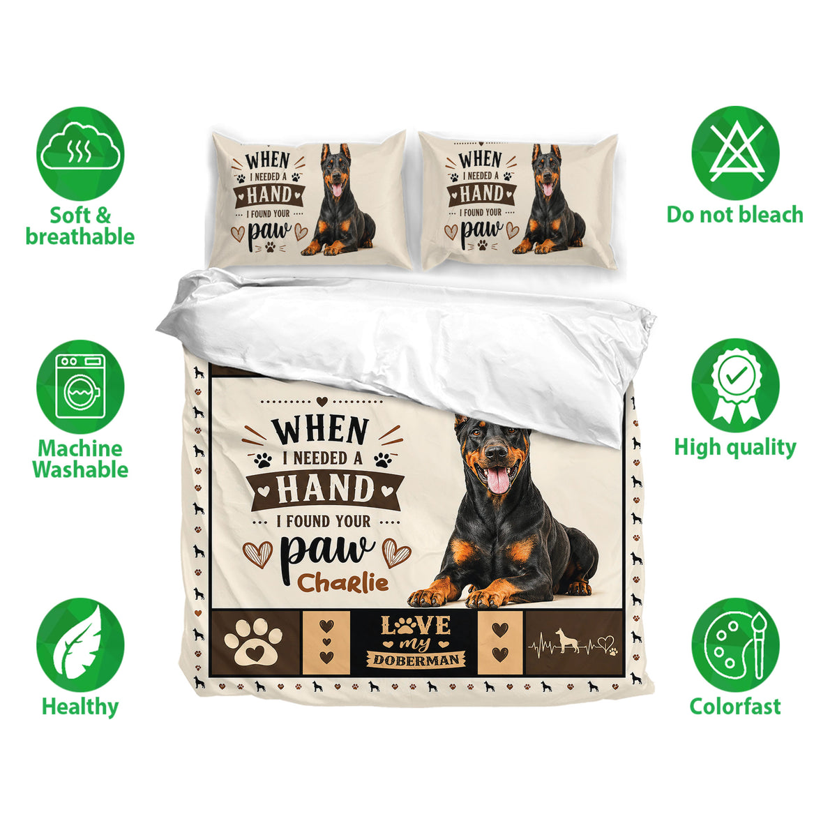 Doberman bedding set shown with matching pillowcases and soft cream, black, brown, and tan artwork