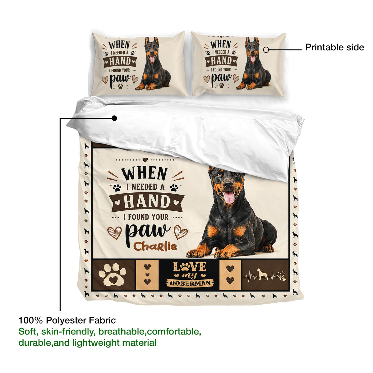Doberman duvet cover and matching pillowcases shown with a printable artwork detail and soft fabric callout