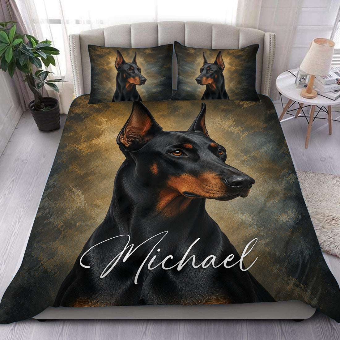 Doberman duvet cover set displayed on a bed with black and tan dog artwork and matching pillowcases