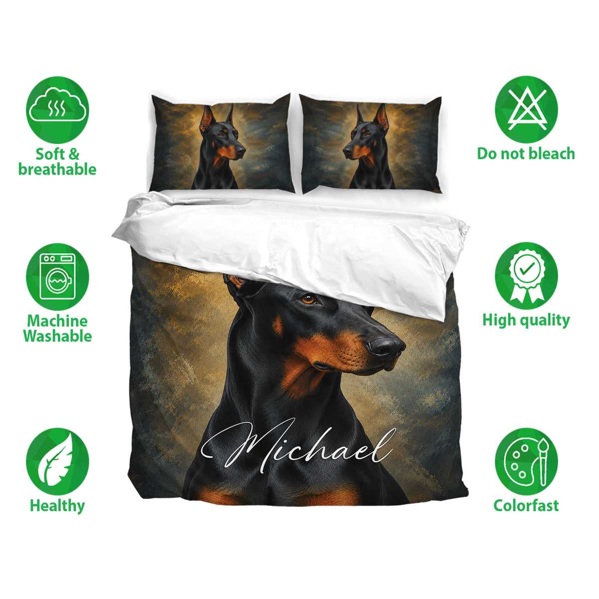 Doberman bedding set presentation with matching pillowcases and soft breathable fabric feature icons