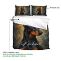 Doberman duvet cover set detail showing the printed side, matching pillowcases, and lightweight fabric