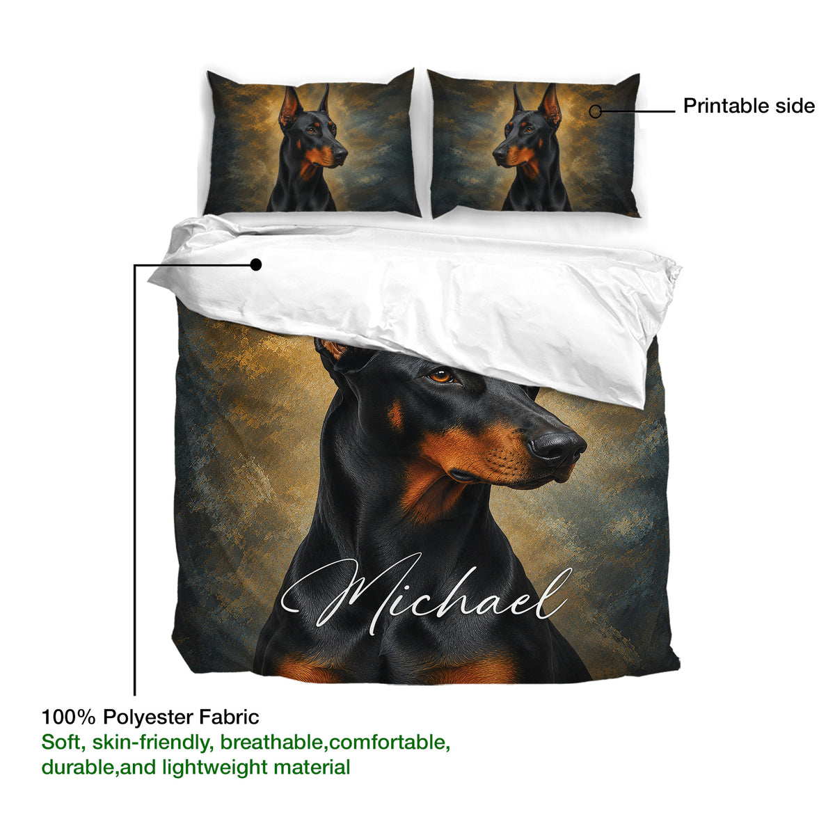 Doberman duvet cover set detail showing the printed side, matching pillowcases, and lightweight fabric