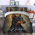 Doberman bedding in a modern bedroom with dramatic black and tan portrait artwork