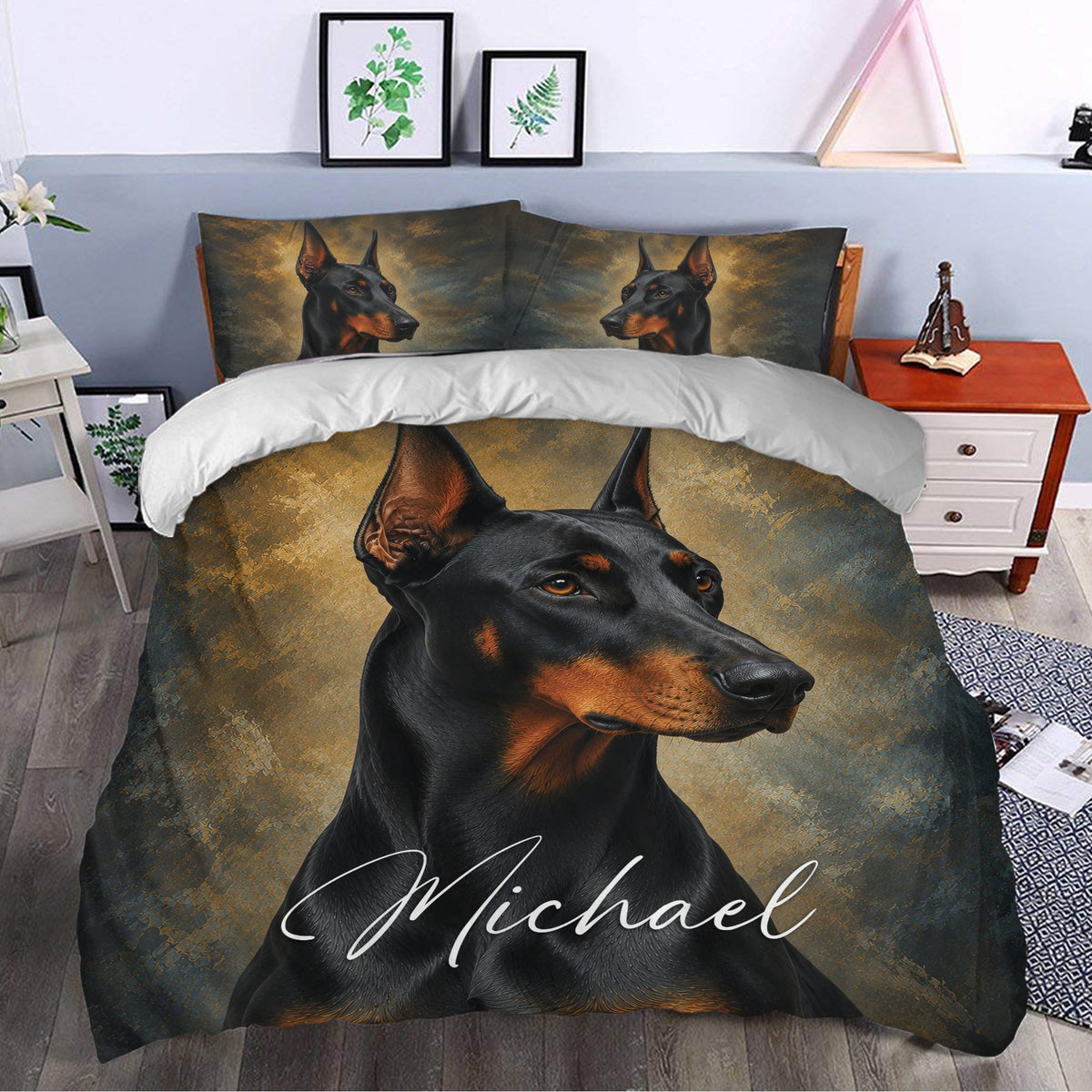 Doberman bedding in a modern bedroom with dramatic black and tan portrait artwork