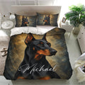 Doberman duvet cover bedding set styled in a bright bedroom with matching portrait pillowcases