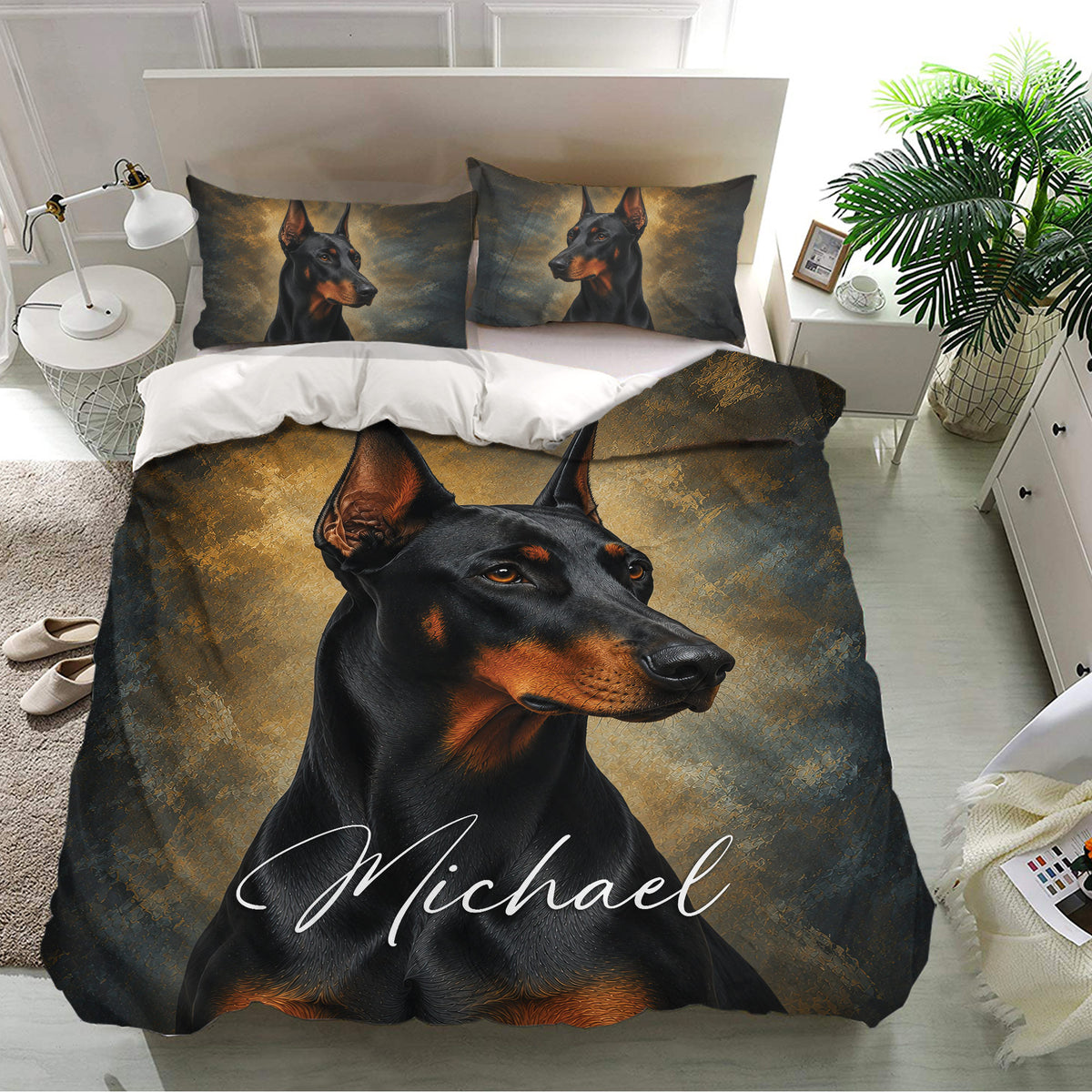 Doberman duvet cover bedding set styled in a bright bedroom with matching portrait pillowcases