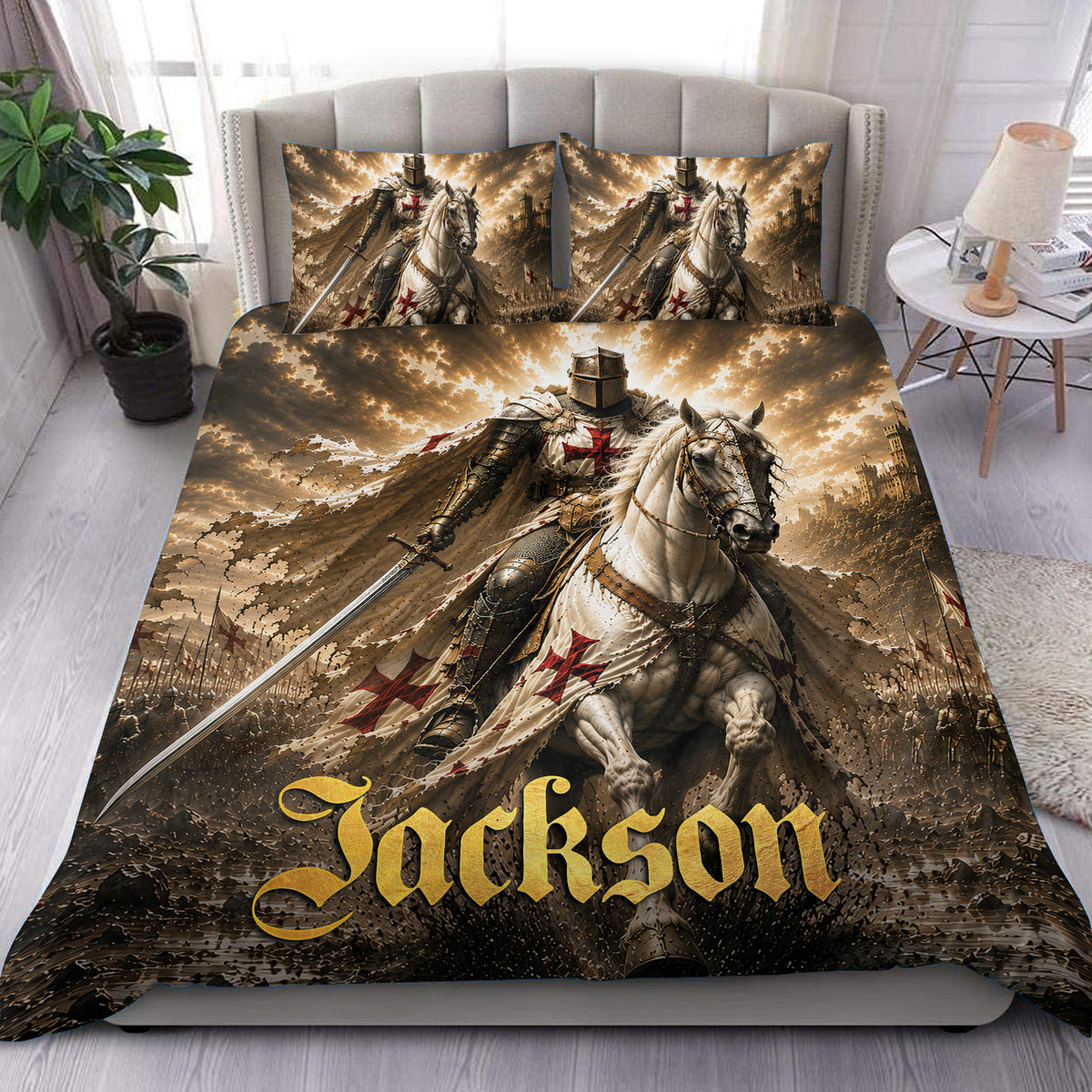 Knights Templar duvet cover bedding set styled on a bedroom with armored knight and horse artwork